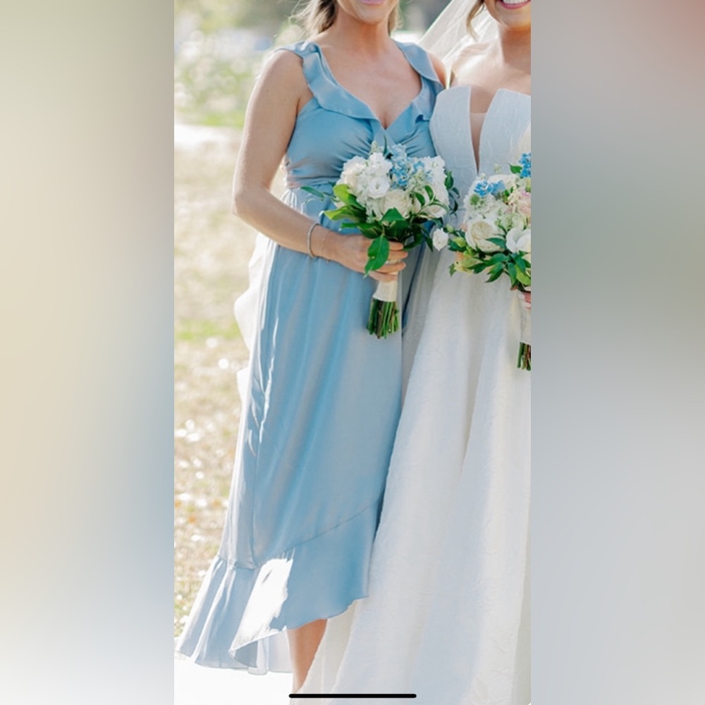 Show Me Your Mumu Samantha Ruffle Dress Steel Blue Satin size Small